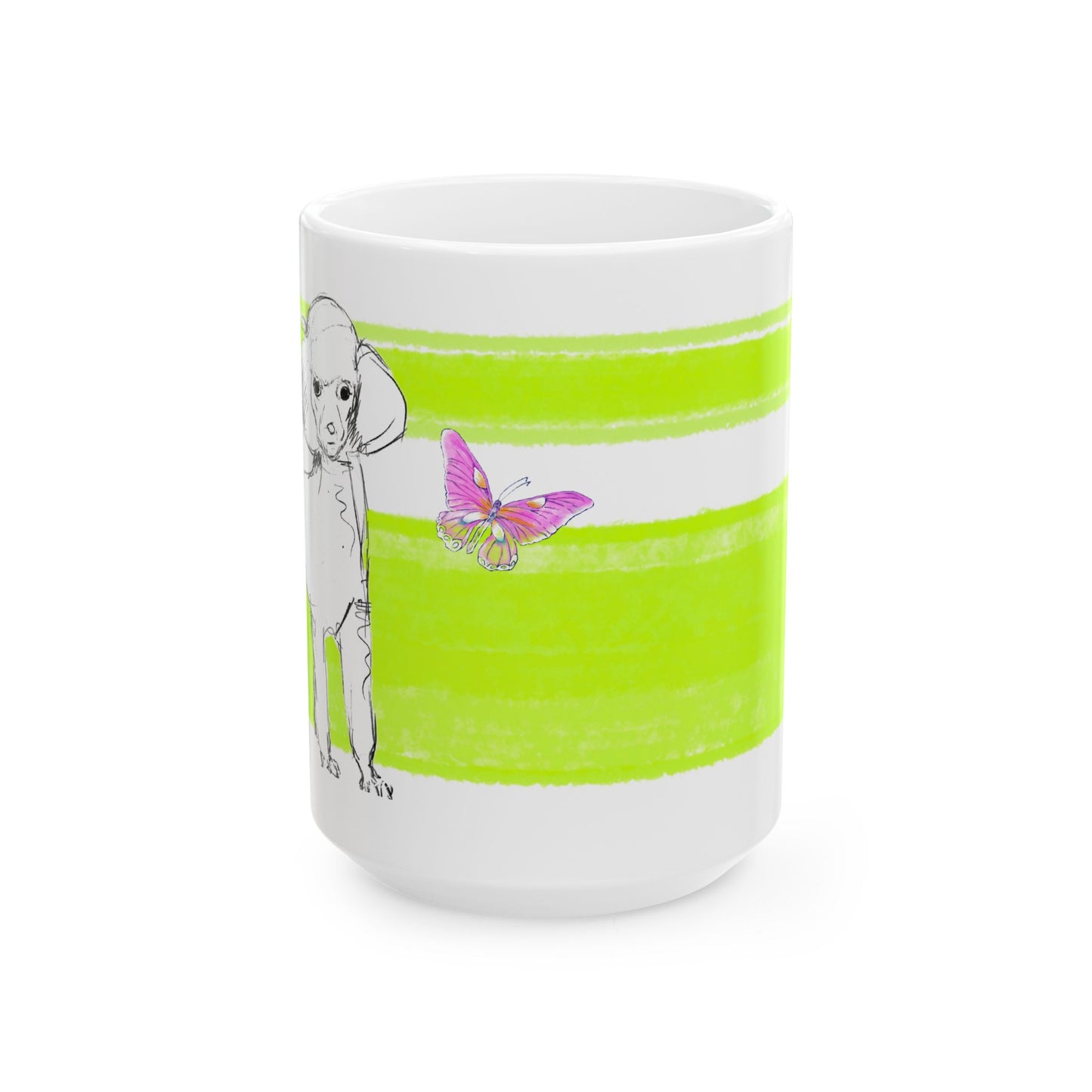 Mega Stripe Dogi Butterfly Flutter Ceramic Mug, (11oz, 15oz), Lime Poodle