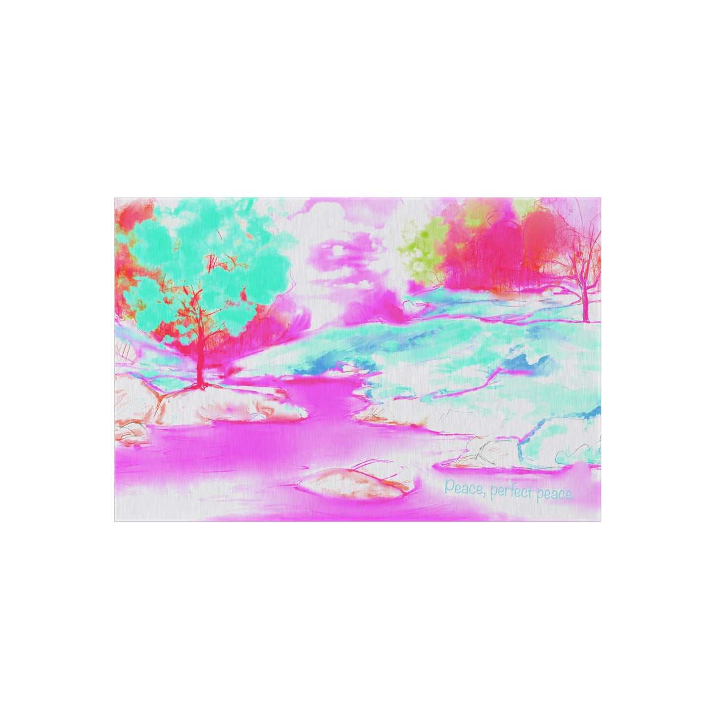 Inspirational Landscapes Indoor/Outdoor Area Rug "Peace perfect peace", Aqua and Raspberry