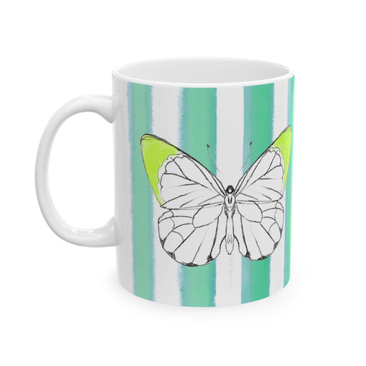 Butterfly Chroma Ceramic Mug in Acid Green with Aqua Green Stripes, 11oz