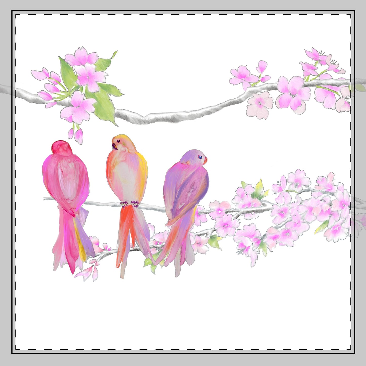 Blossoms & Birds in Pink, Orange, Purple Poly Twill Napkin , Background fabric Bright White