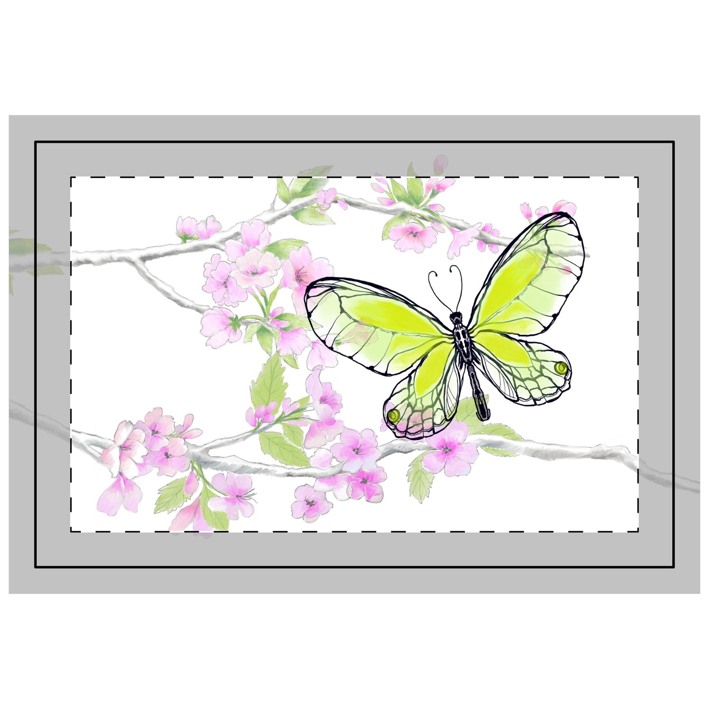 Butterfly Blossom Romp Quilted Placemat Polyester, Yellow green, Fabric Background Bright White #6 far end of table