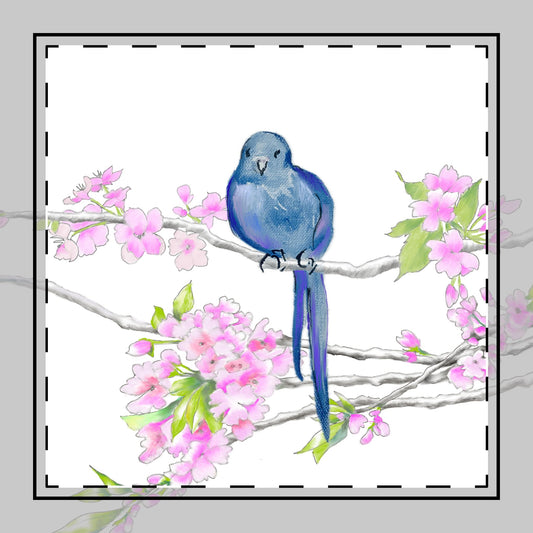 Blossoms & Birds in Dark Blue Poly Twill Napkin , Background Fabric Color, Bright White