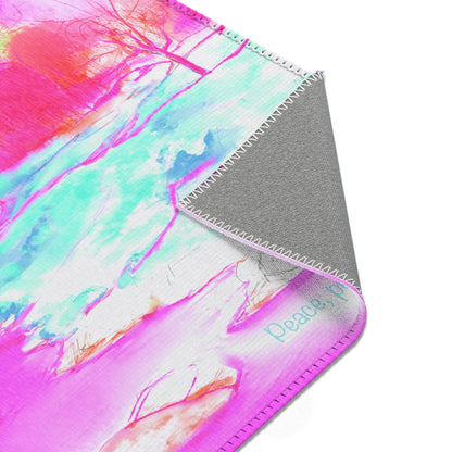 Inspirational Landscapes Indoor Area Rug "Peace perfect peace", Raspberry, Aqua, and Pink