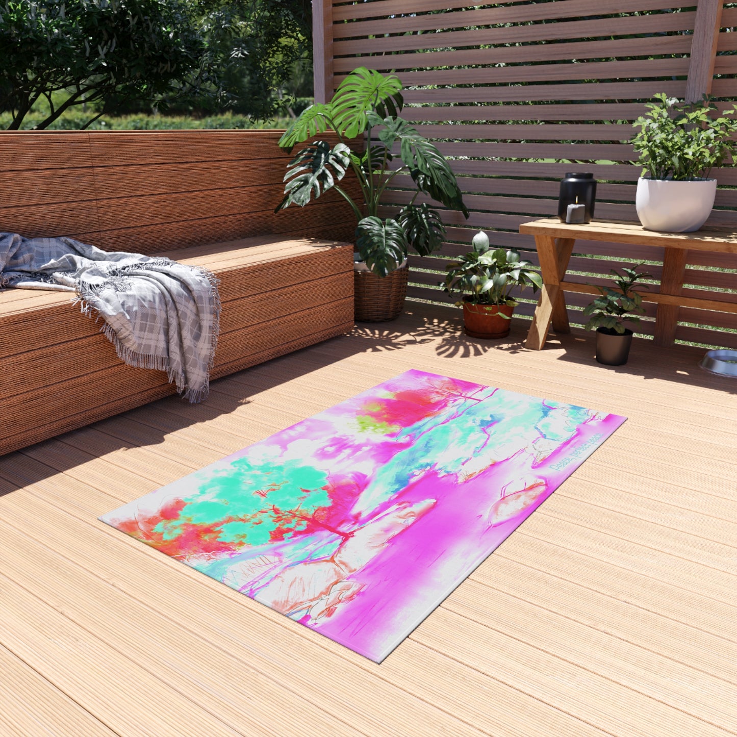 Inspirational Landscapes "Peace perfect peace" Indoor/Outdoor Rug in Raspberry, Aqua, and Pink Non- slip (36" x 24")