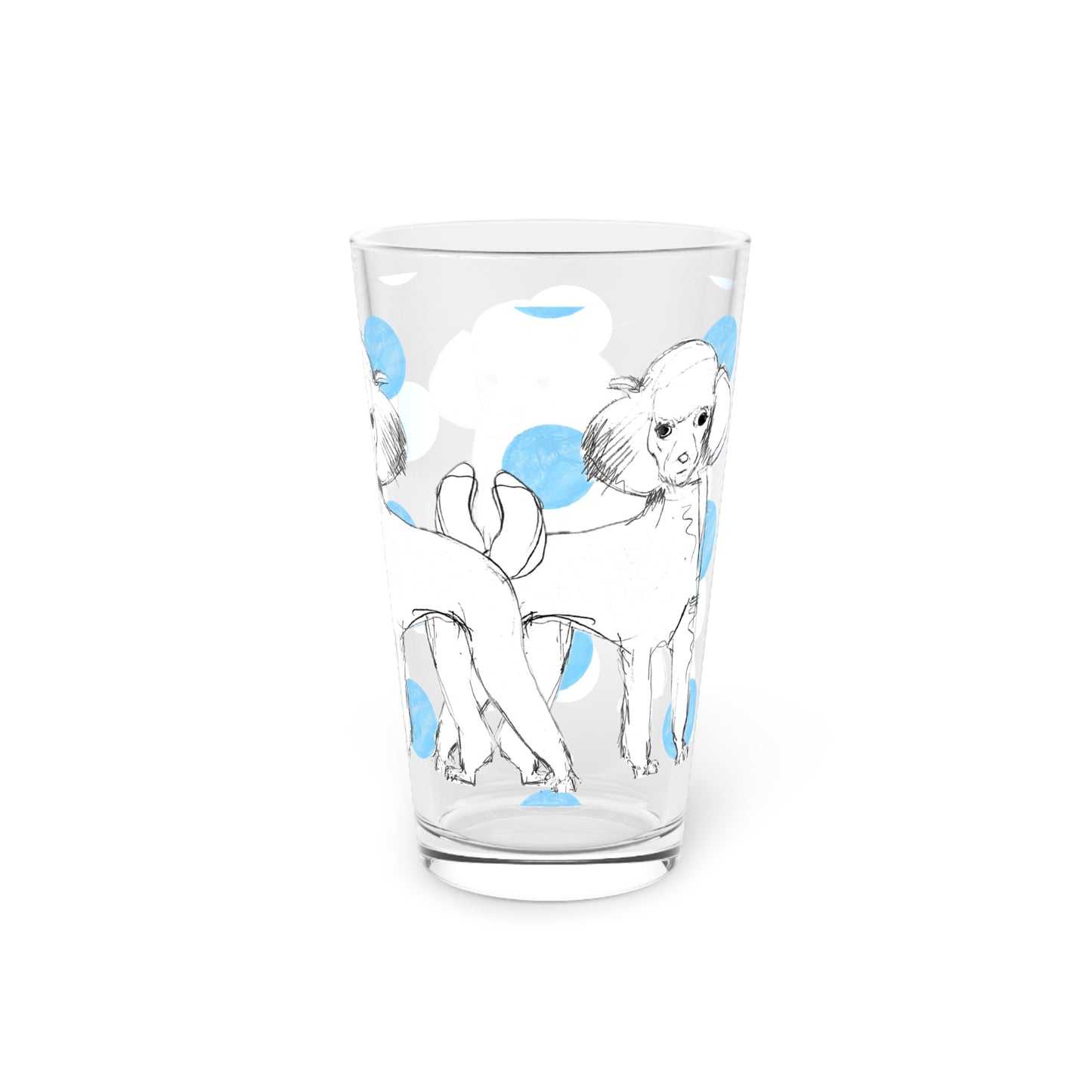 Dogi Fun and Polka Dots Pint Glass in Aqua, Poodles, 16oz