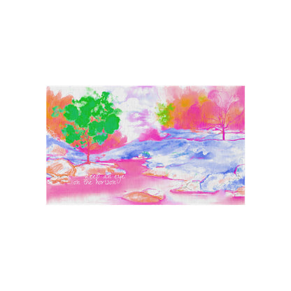 Inspirational Landscapes Indoor/Outdoor Area Rug, "Keep an eye on the horizon", Raspberry, Blue, and Green Non-slip