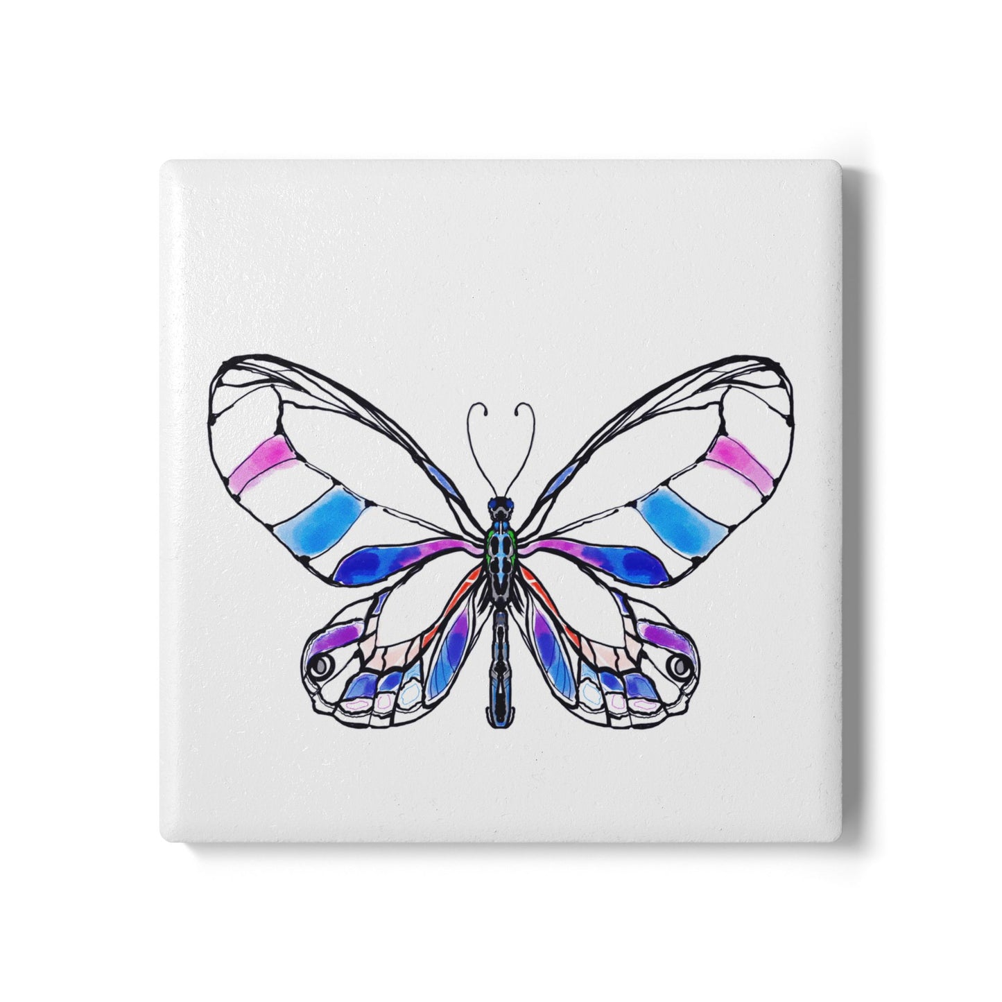 Butterfly Blossom Romp Ceramic Coaster, Multi Color, Blue and Pink