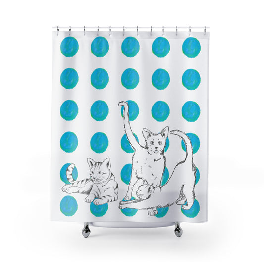Kitty Fun Shower Curtains Aqua Polka Dots