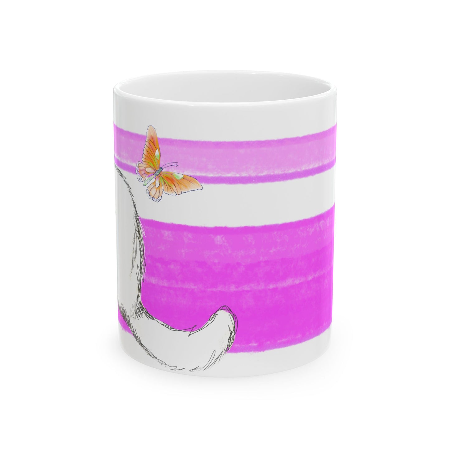 Mega Stripe Kitty Butterfly Flutter Ceramic Mug Purplish Pink