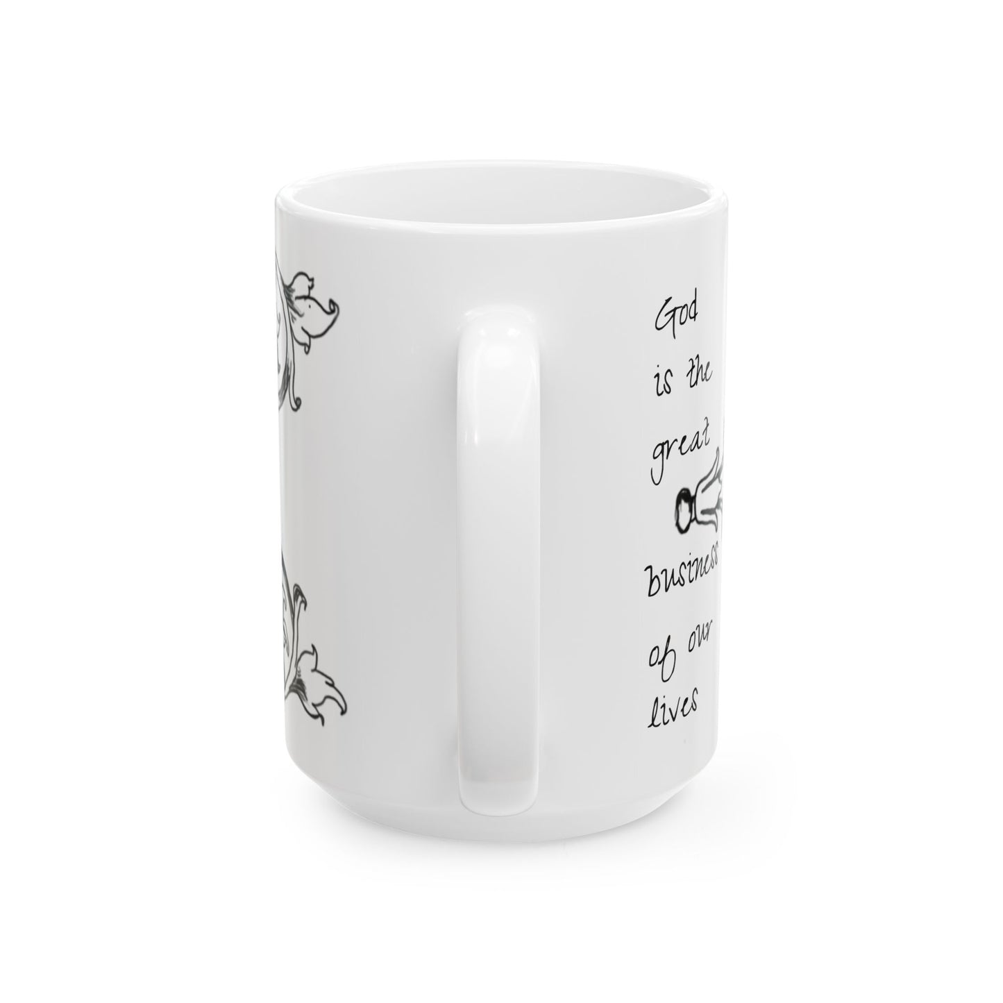 Scrollwork Ceramic Mug Black and White "God is the great... "