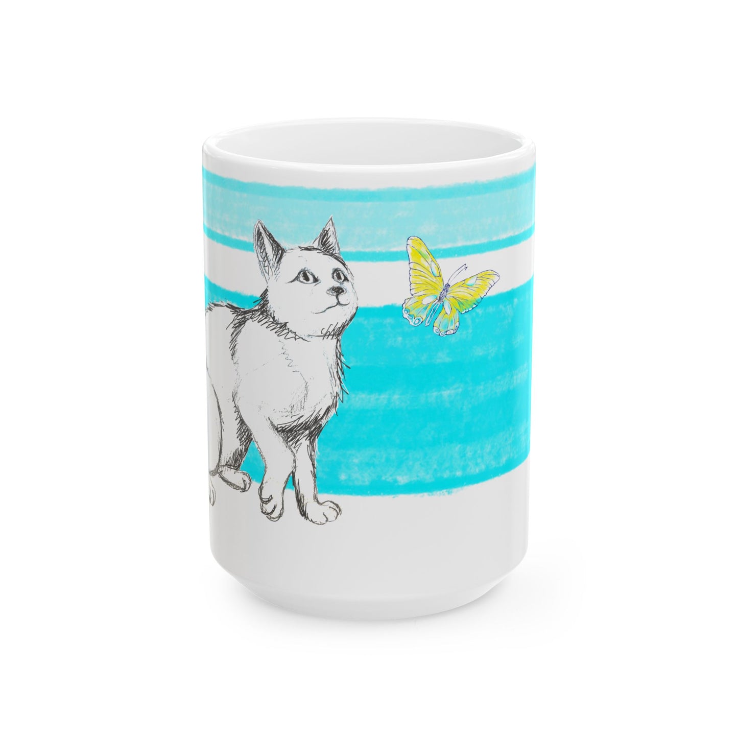 Mega Stripe Kitty Butterfly Flutter Ceramic Mug Aqua
