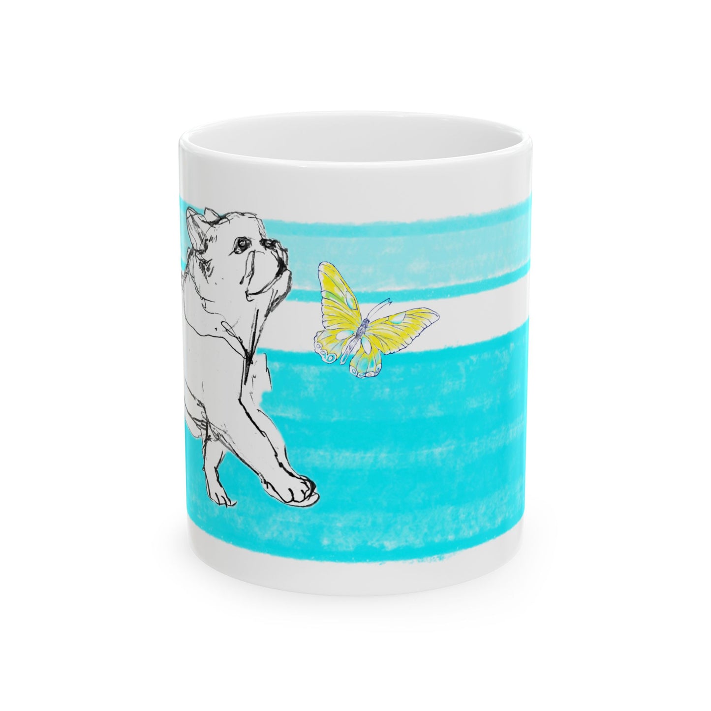 Mega Stripe Dogi Butterfly Flutter Ceramic Mug, (11oz, 15oz), Aqua, Bulldog
