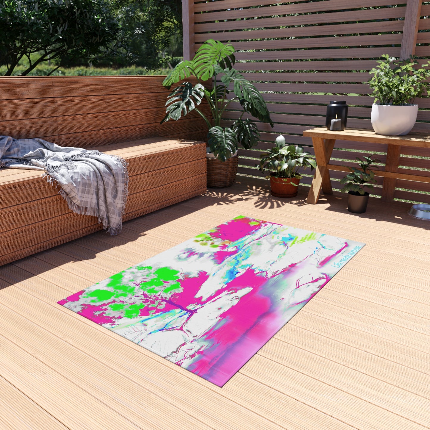 Inspirational Landscapes  Indoor/Outdoor Area Rug, "Life needs purpose" Raspberry and Green