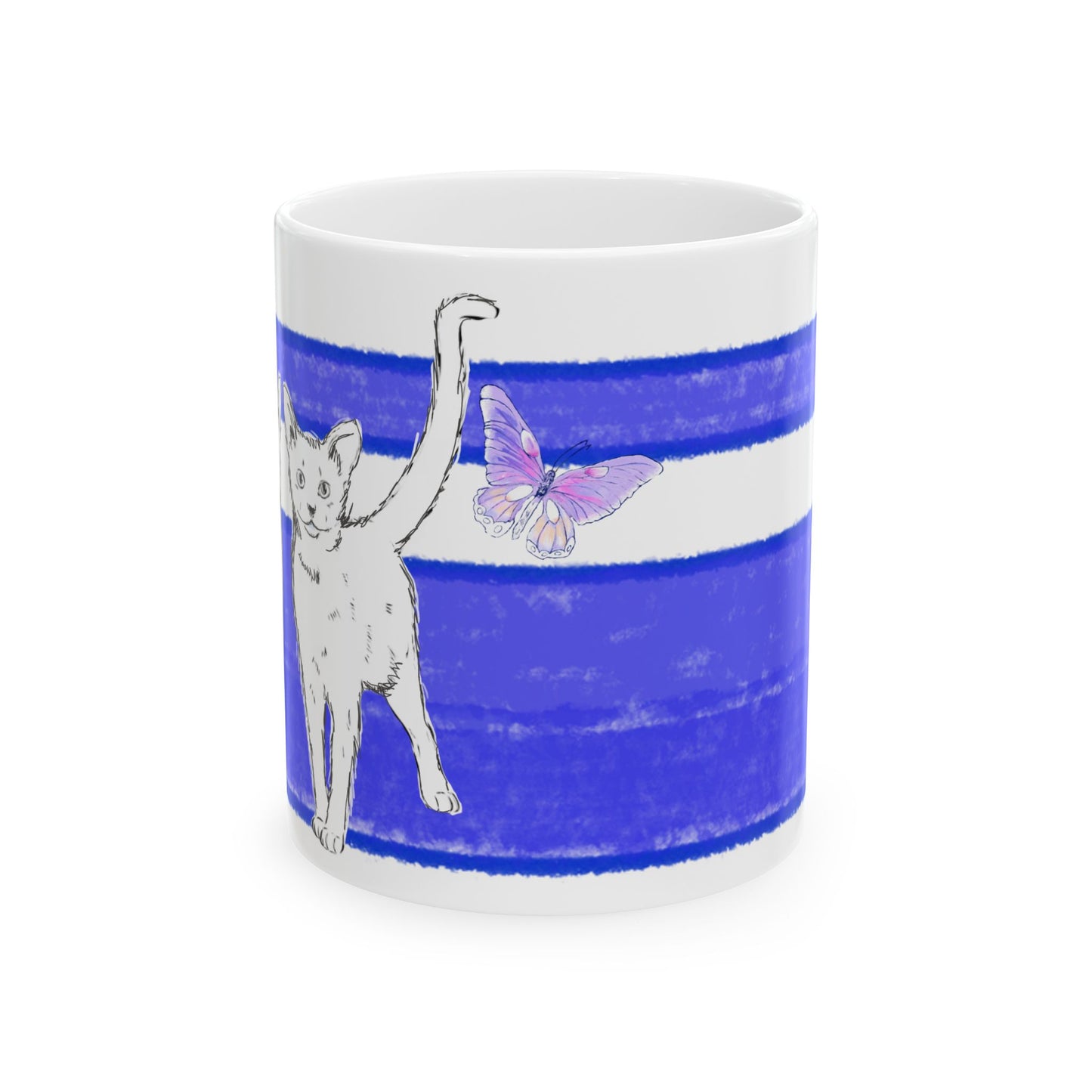 Mega Stripe Kitty Butterfly Flutter Ceramic Mug  Ultramarine