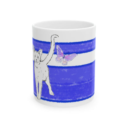 Mega Stripe Kitty Butterfly Flutter Ceramic Mug  Ultramarine