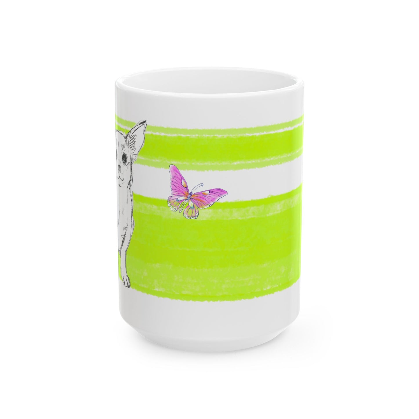 Mega Stripe Dogi Butterfly Flutter Ceramic Mug, (11oz, 15oz), Lime Teri