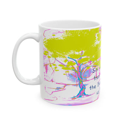 Inspirational Landscapes Ceramic Mug in Chartreuse and Orchid, "Sin will keep us from the Book; the Book will keep us from sin", 11oz,15oz.