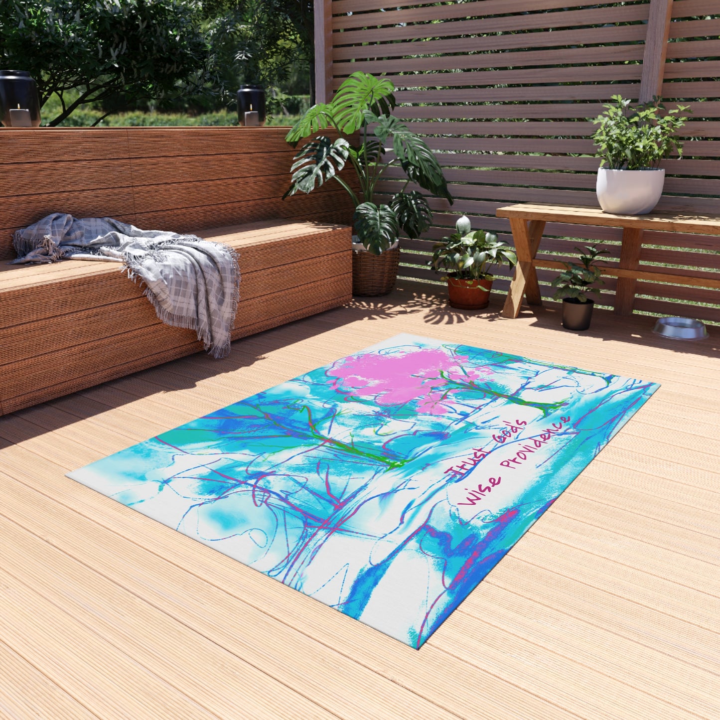 Inspirational Landscapes "Trust God's Providence" Indoor/Outdoor Rug in Blue and Pink Non-slip (36" x 24")