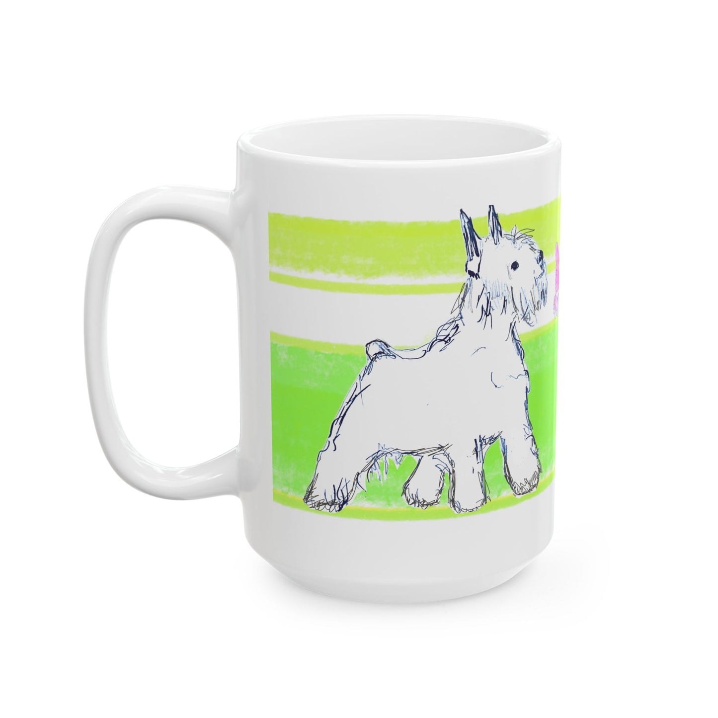 Mega Stripe Dogi Butterfly Flutter Ceramic Mug, (11oz, 15oz) Yellow Green Schnauzer