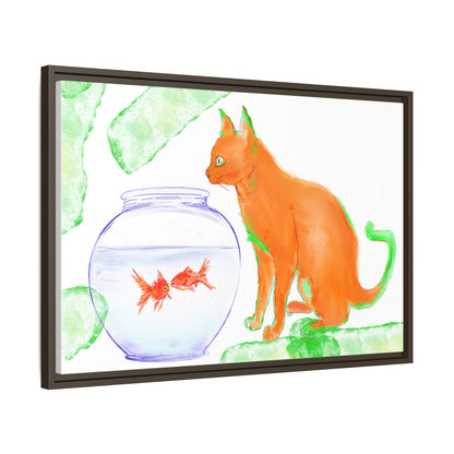 Colorful Cat and Fish Bowl Matte Canvas Framed white