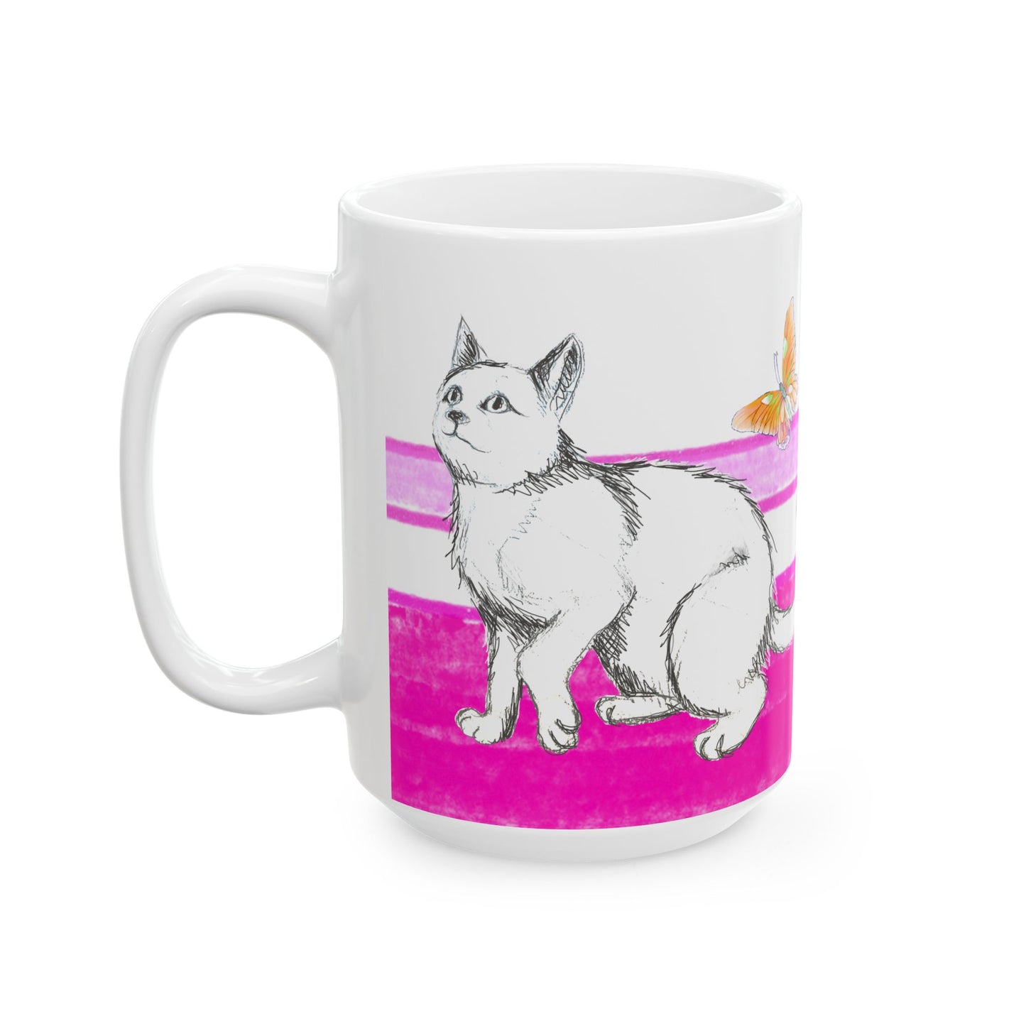 Mega Stripe Kitty Butterfly Flutter Ceramic Mug Raspberry Pink