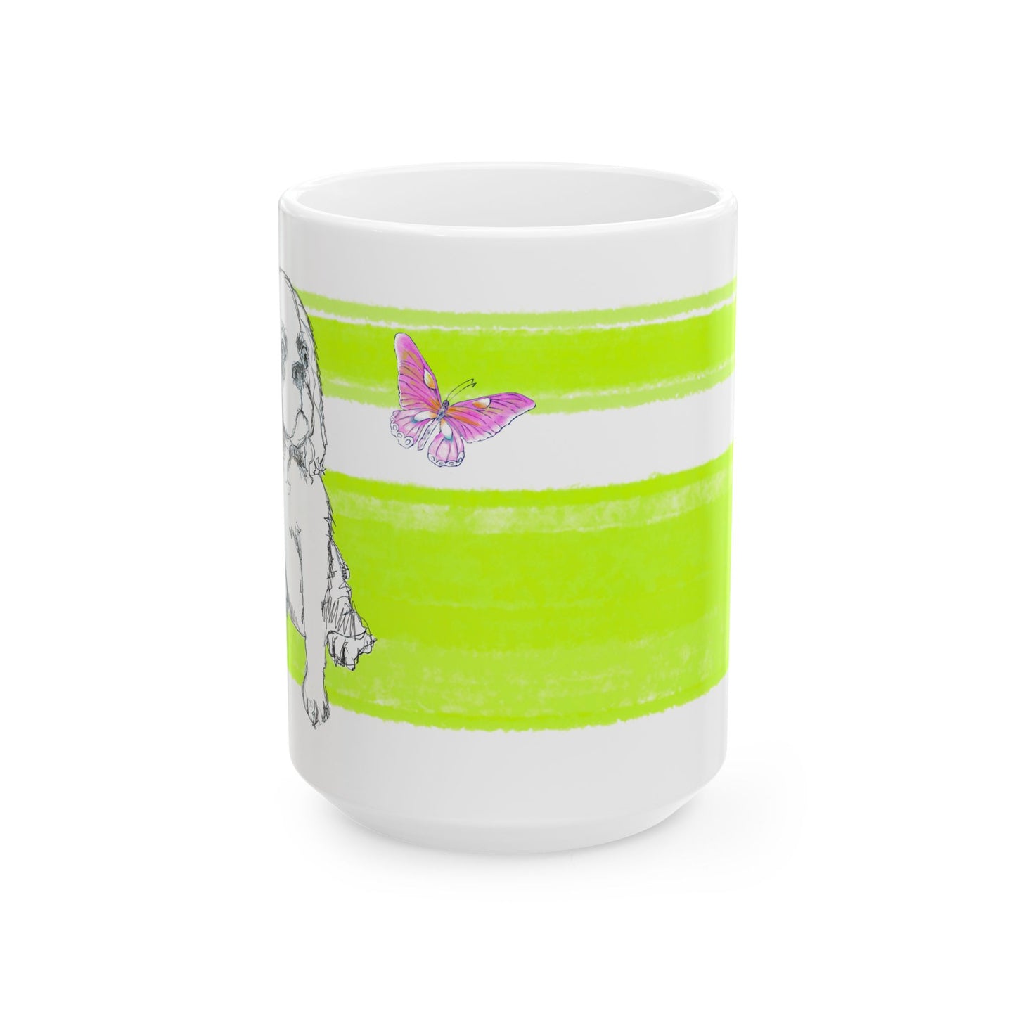 Mega Stripe Dogi Butterfly Flutter Ceramic Mug, (11oz, 15oz), Lime Cocker Spaniel