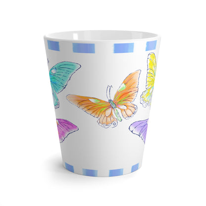 Butterfly Swing  Latte Mug Aqua, Lilac, Pink , Orange, Yellow Butterflies, Blue Stripe