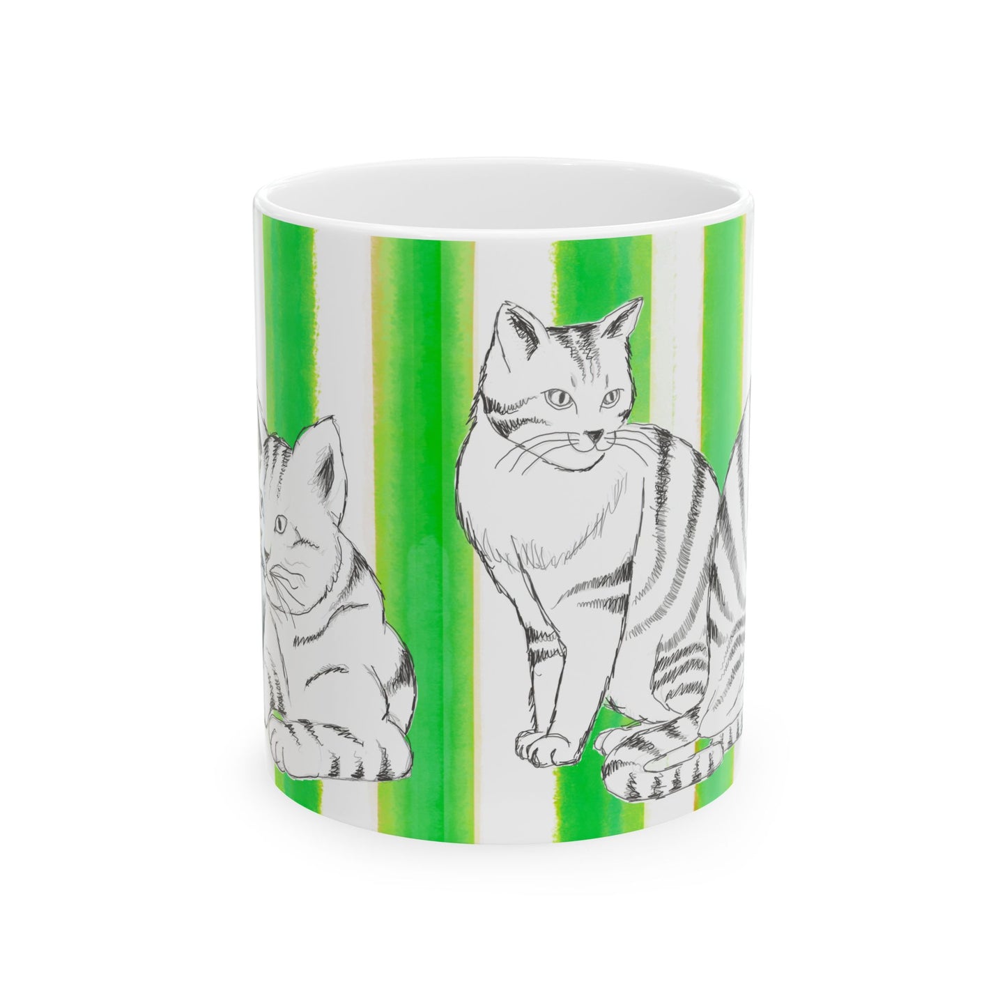 Kitty Fun Mug with Dark Green Stripes