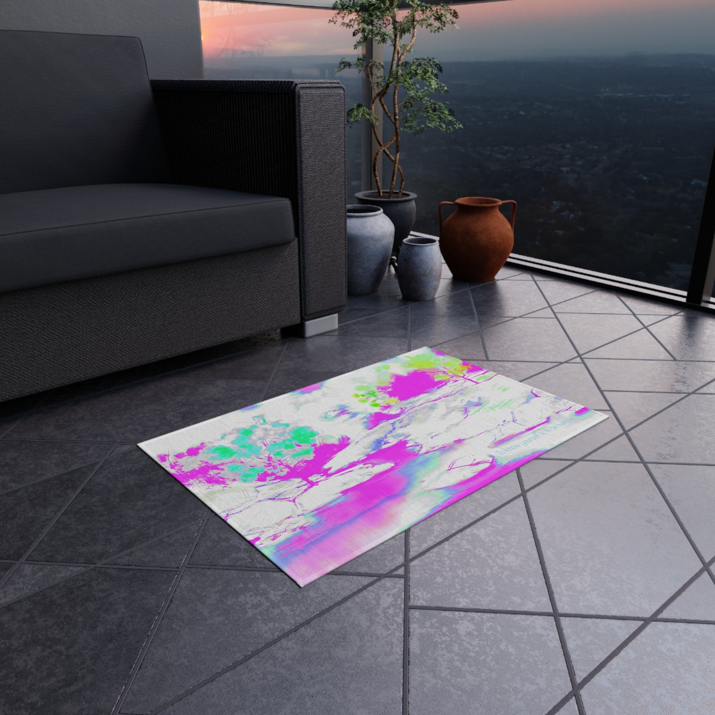 Inspirational Landscapes Indoor/Outdoor Area Rug "To know yourself is to be humble", Green, Aqua, and Lilac