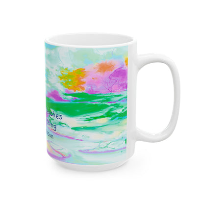 Inspirational Landscapes Ceramic Mug in Green, Yellow, and Purple, "Sovereignty teaches that everything has its season" 11oz, 15oz.