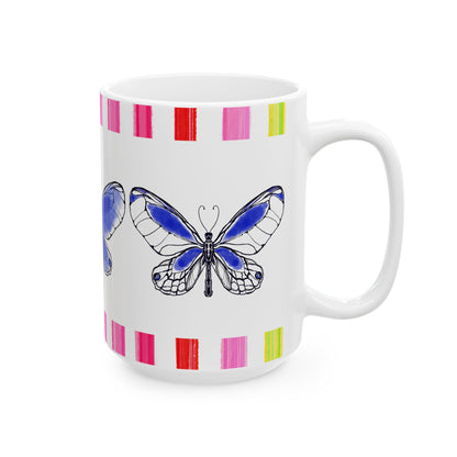 Butterfly Rainbow Stripe Ceramic Mug in Royal Blue with Multi-color Striped Border, (Available in 2 sizes 11oz and 15oz)