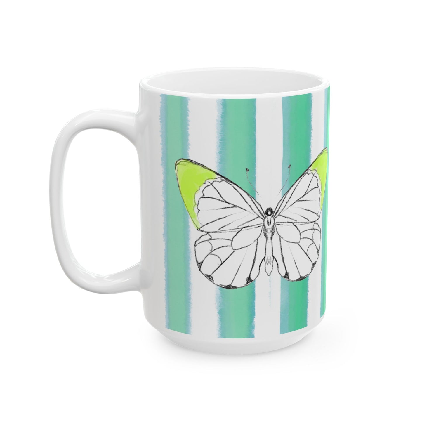 Butterfly Chroma Ceramic Mug in Acid Green with Aqua Green Stripes, 11oz