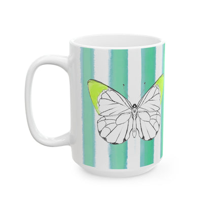 Butterfly Chroma Ceramic Mug in Acid Green with Aqua Green Stripes, 11oz