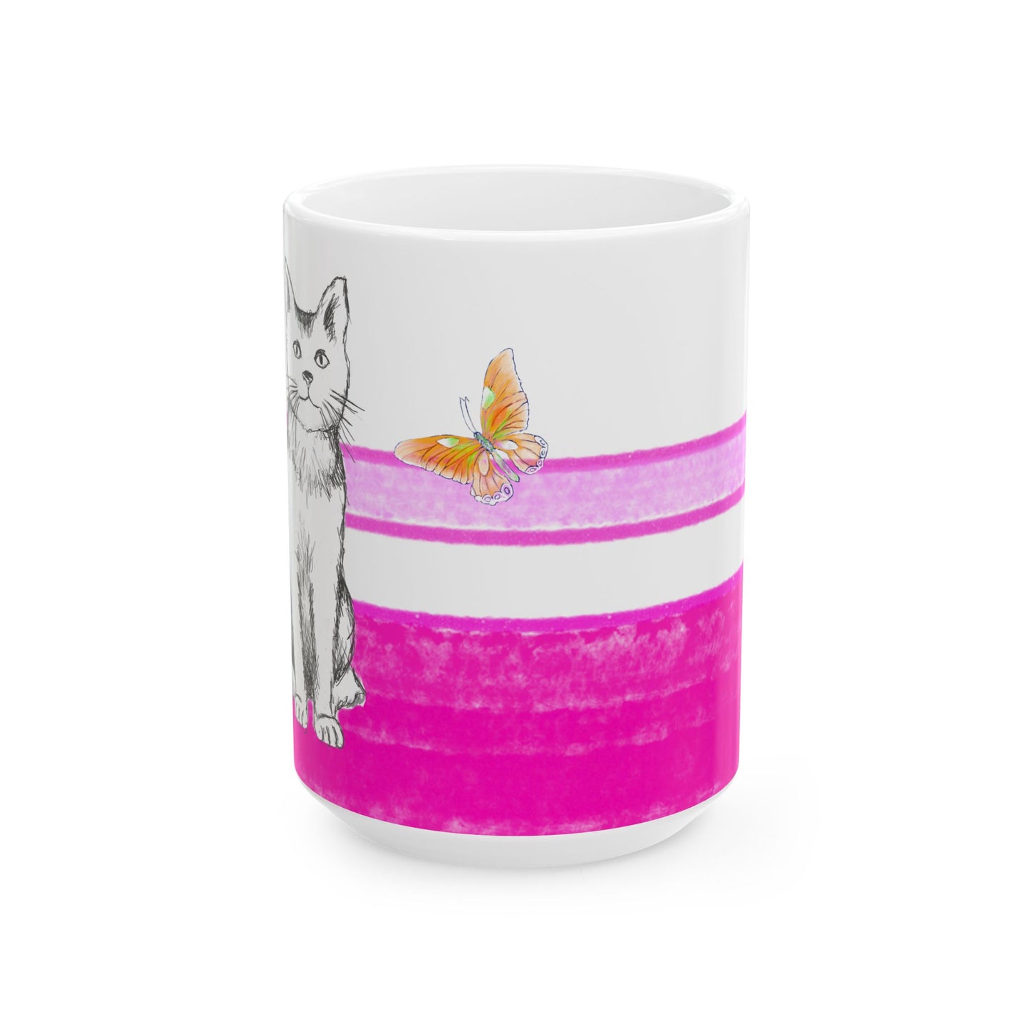 Mega Stripe Kitty Butterfly Flutter Ceramic Mug Raspberry Pink