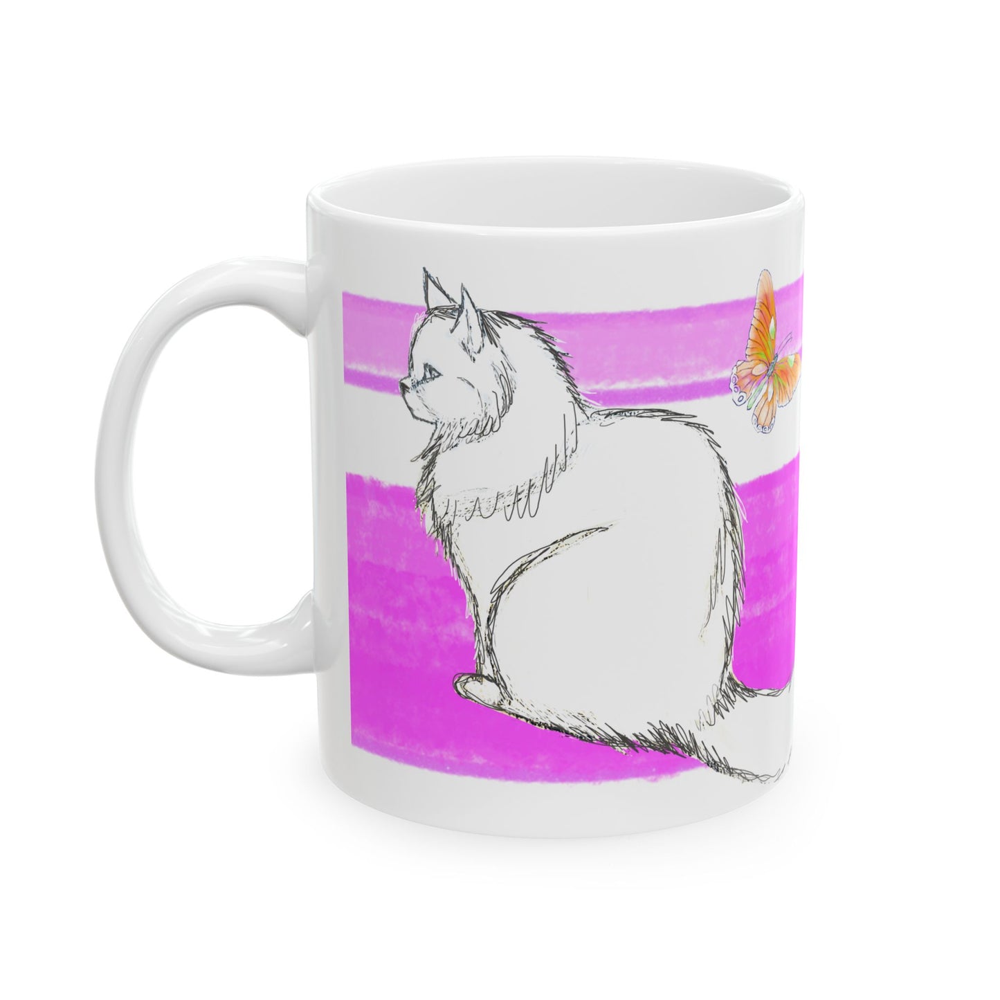 Mega Stripe Kitty Butterfly Flutter Ceramic Mug Purplish Pink