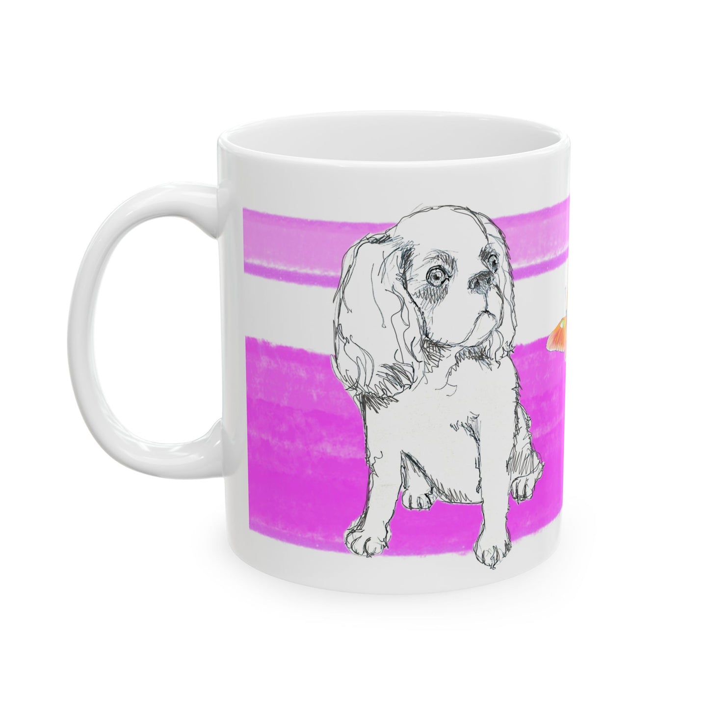 Mega Stripe Dogi Butterfly Flutter Ceramic Mug, (11oz, 15oz),  Purplish Pink Cocker Spaniel
