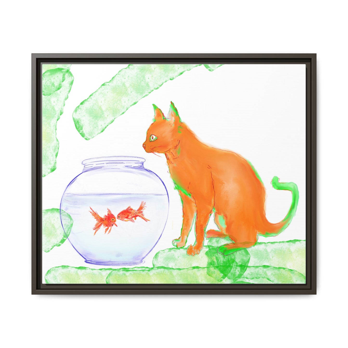 Colorful Cat and Fish Bowl Matte Canvas Framed white