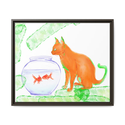 Colorful Cat and Fish Bowl Matte Canvas Framed white