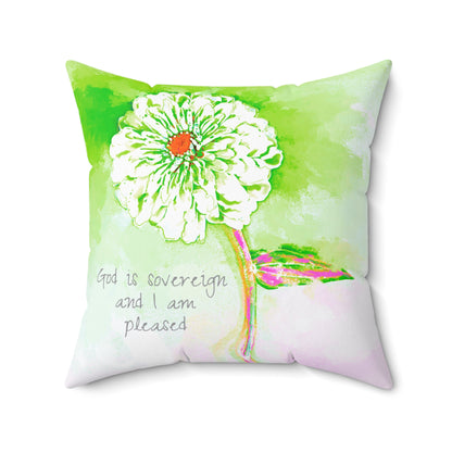 Zinnia Quiet Reflection Spun Polyester Square Pillow in Green, "God is sovereign and I am pleased"