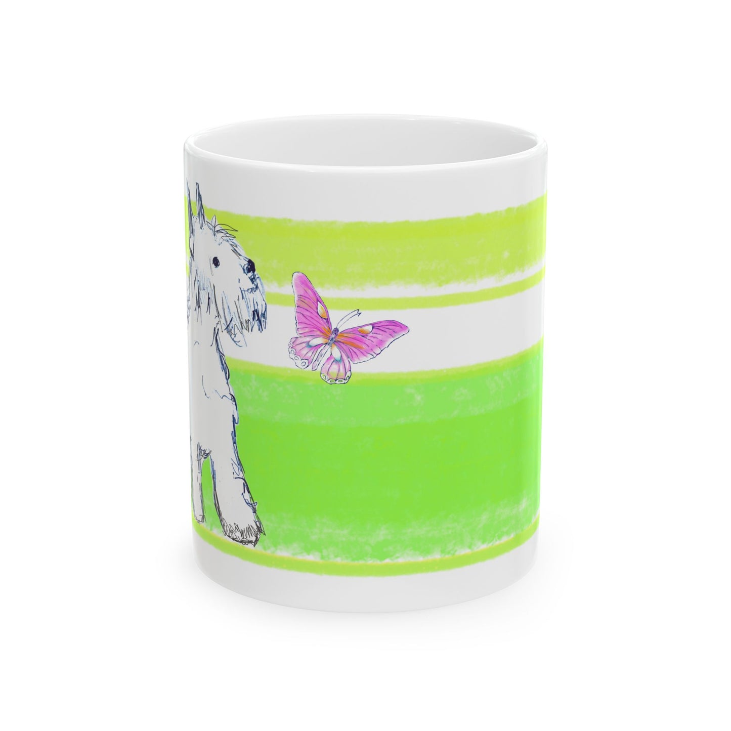 Mega Stripe Dogi Butterfly Flutter Ceramic Mug, (11oz, 15oz) Yellow Green Schnauzer