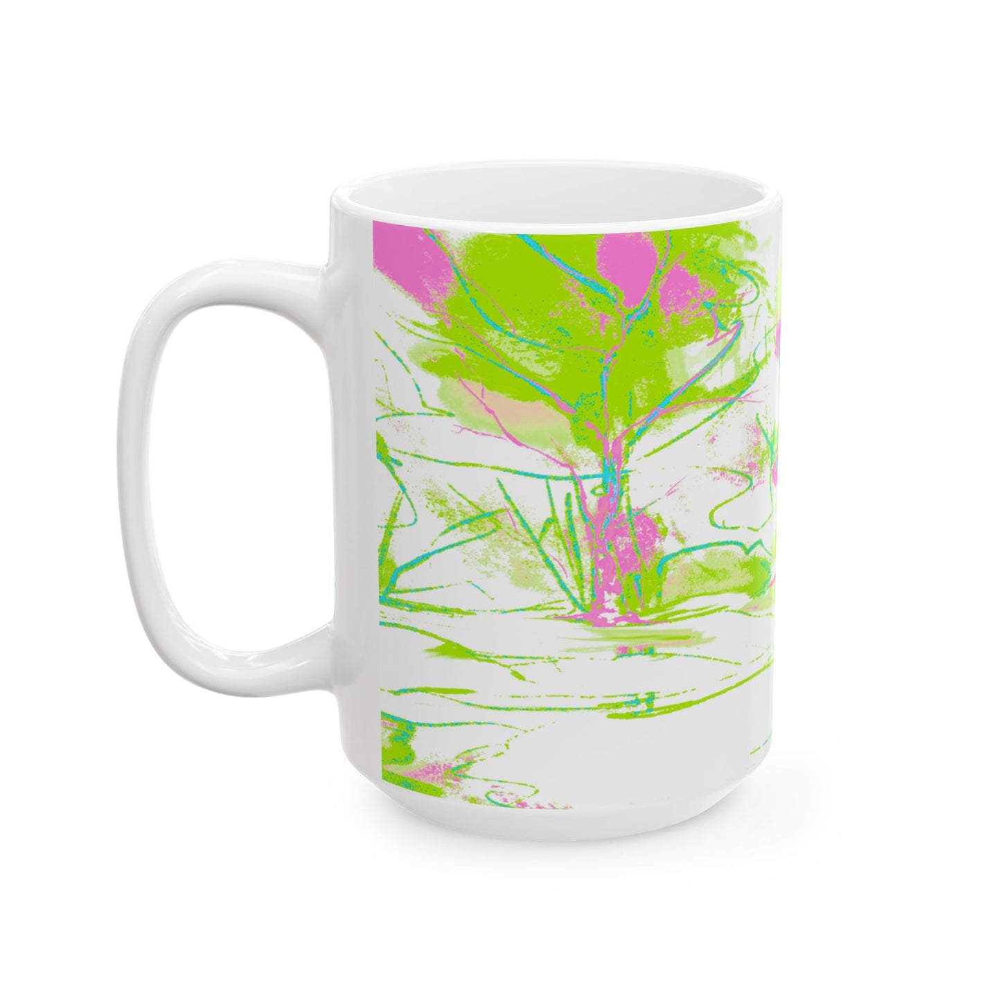 Joyful Landscapes Ceramic Mug in Lime Green and Aqua, 11oz, 15oz.