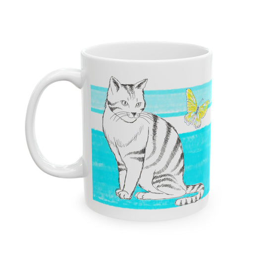 Mega Stripe Kitty Butterfly Flutter Ceramic Mug Aqua