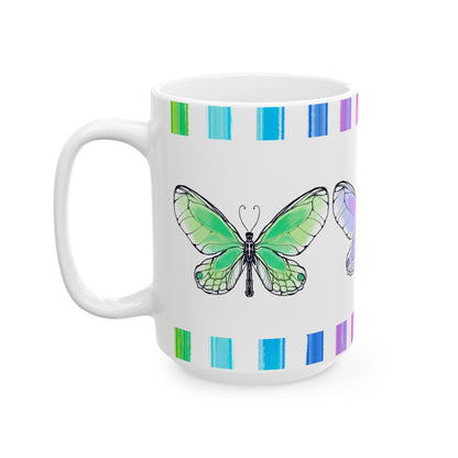 Butterfly Rainbow Stripe Ceramic Mug in Lavender, Yellow, and Green with Multi-color Striped Border, (Available in 2 sizes 11oz and 15oz)