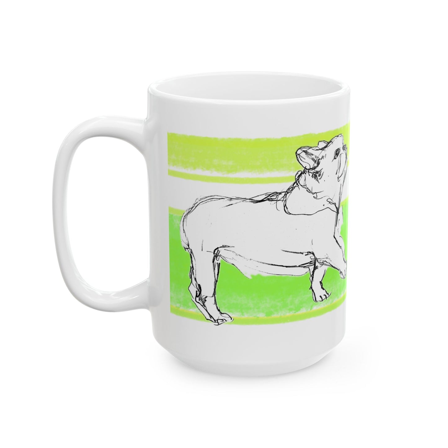 Mega Stripe Dogi Butterfly Flutter Ceramic Mug, (11oz, 15oz) Yellow Green Bulldog