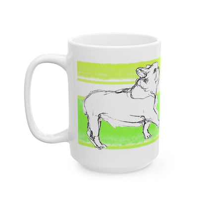 Mega Stripe Dogi Butterfly Flutter Ceramic Mug, (11oz, 15oz) Yellow Green Bulldog