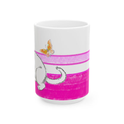 Mega Stripe Kitty Butterfly Flutter Ceramic Mug Raspberry Pink
