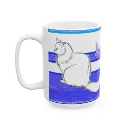 Mega Stripe Kitty Butterfly Flutter Ceramic Mug Ultramarine