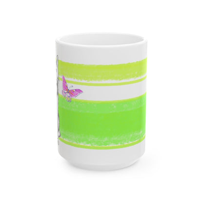 Mega Stripe Kitty Butterfly Flutter Ceramic Mug Yellow Green