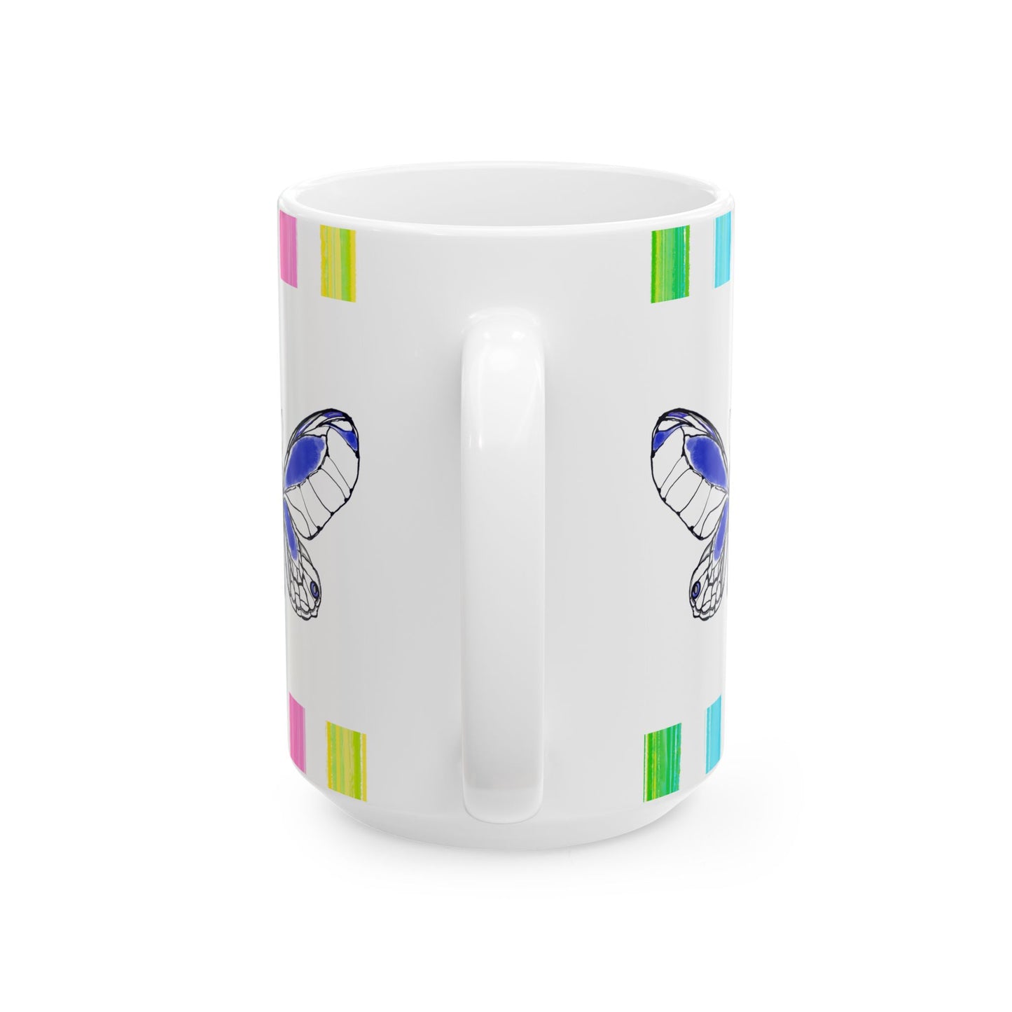 Butterfly Rainbow Stripe Ceramic Mug in Royal Blue with Multi-color Striped Border, (Available in 2 sizes 11oz and 15oz)