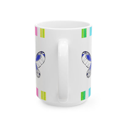Butterfly Rainbow Stripe Ceramic Mug in Royal Blue with Multi-color Striped Border, (Available in 2 sizes 11oz and 15oz)